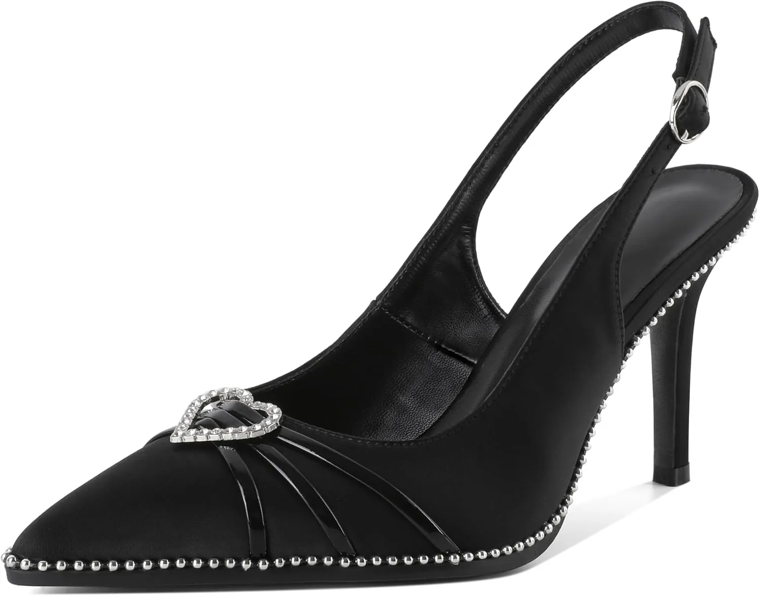 YODEKS Slingback Heels for Women Beaded Closed Pointed Toe Stiletto High Heels Pumps Rhinestone Crytal Diamond Love Heart Shoes 3.5 Inch for Wedding Party Satin Black US Size 7
