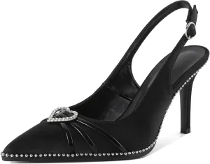 YODEKS Slingback Heels for Women Beaded Closed Pointed Toe Stiletto High Heels Pumps Rhinestone Crytal Diamond Love Heart Shoes 3.5 Inch for Wedding Party Satin Black US Size 7