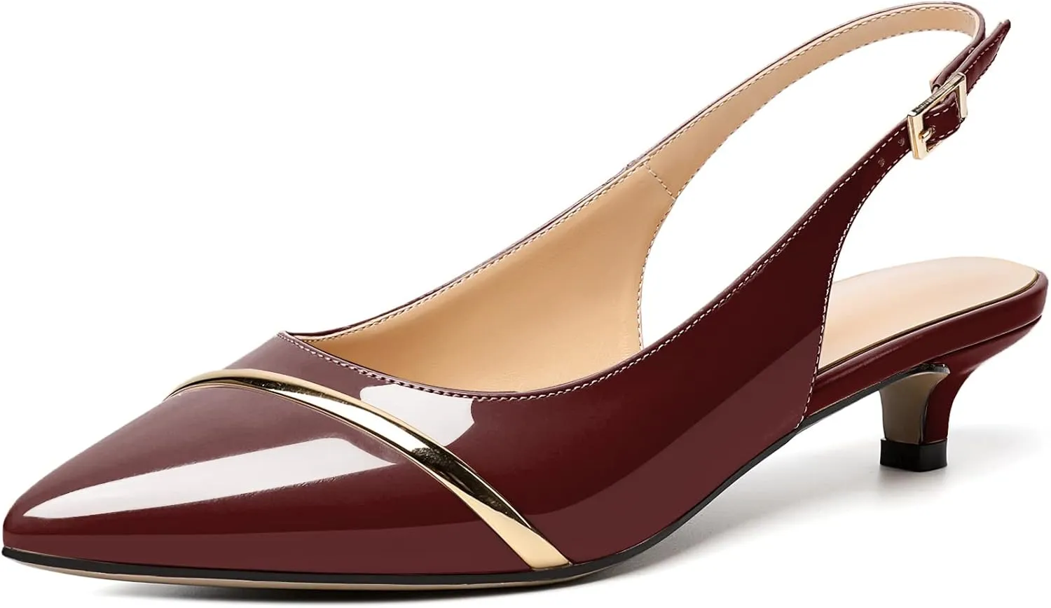 Zamikoo Women Slingback Pumps Kitten Heels Pointed Toe 1.5 Inches Retro Instep Gold Strap Patent Classic Dress Shoes US Size 5- Size 13