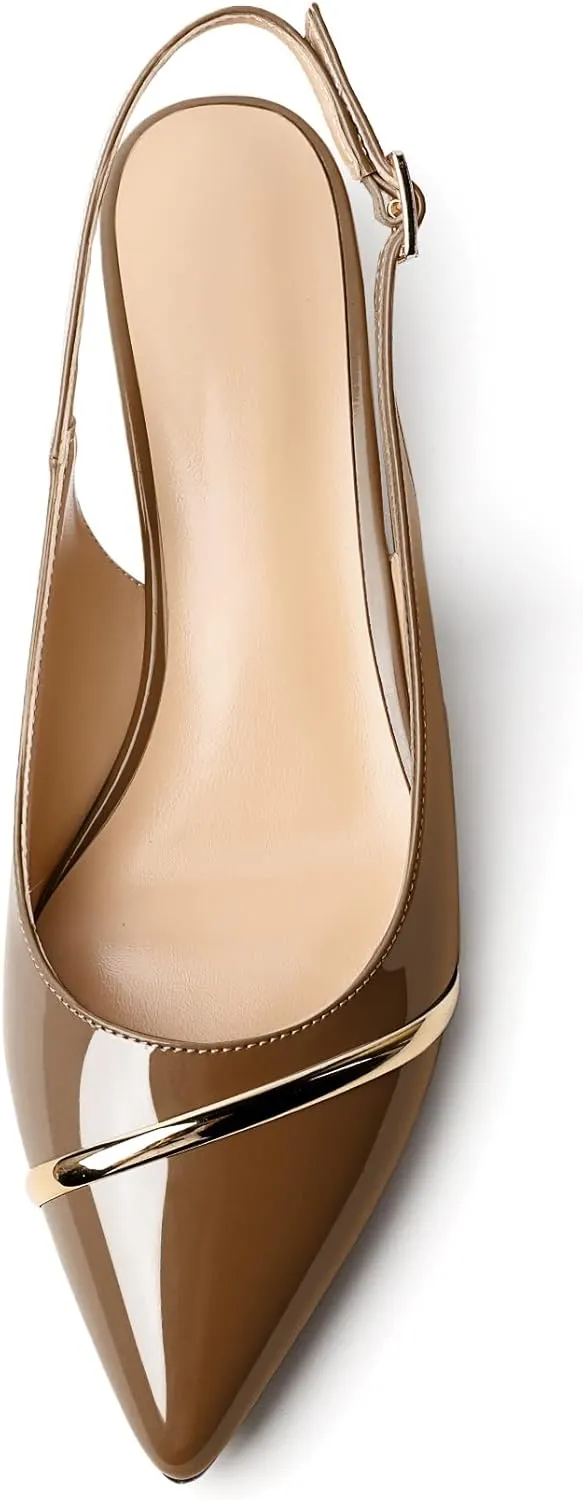 Zamikoo Women Slingback Pumps Kitten Heels Pointed Toe 1.5 Inches Retro Instep Gold Strap Patent Classic Dress Shoes US Size 5- Size 13