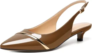 Zamikoo Women Slingback Pumps Kitten Heels Pointed Toe 1.5 Inches Retro Instep Gold Strap Patent Classic Dress Shoes US Size 5- Size 13