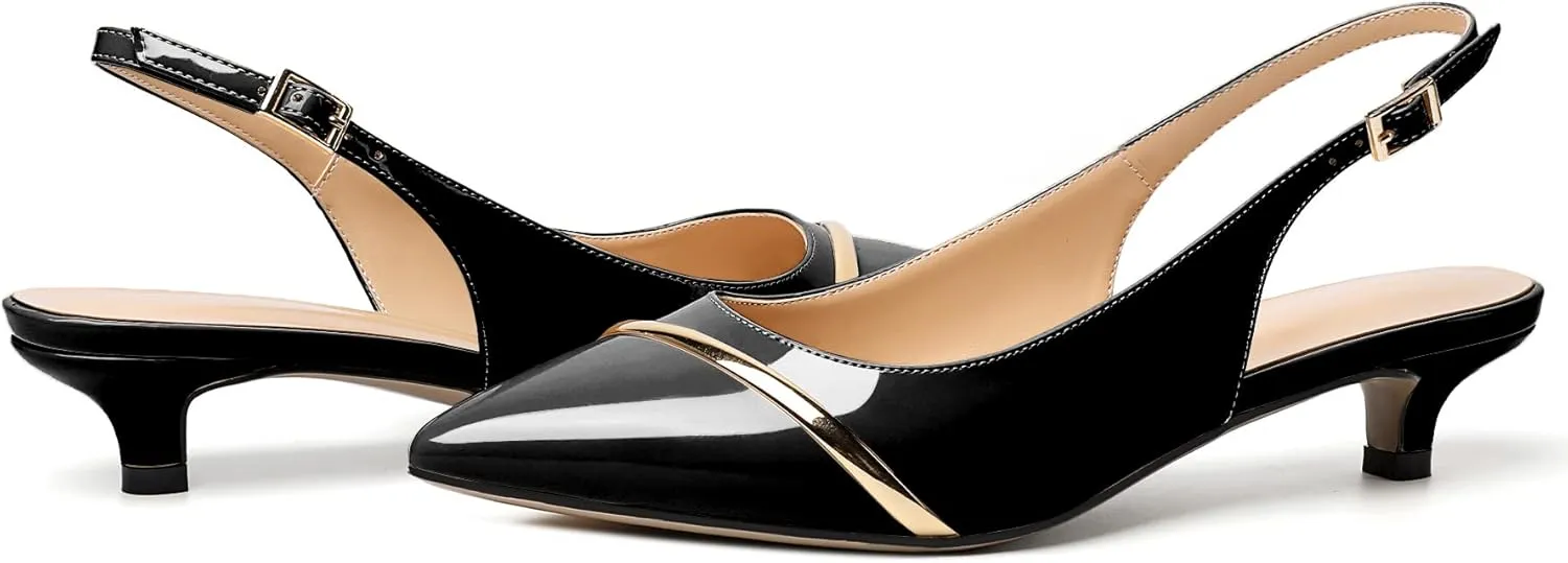 Zamikoo Women Slingback Pumps Kitten Heels Pointed Toe 1.5 Inches Retro Instep Gold Strap Patent Classic Dress Shoes US Size 5- Size 13