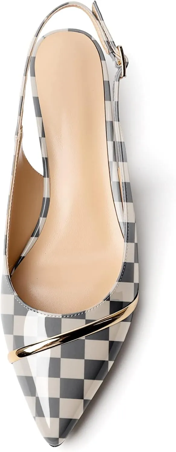 Zamikoo Women Slingback Pumps Kitten Heels Pointed Toe 1.5 Inches Retro Instep Gold Strap Patent Classic Dress Shoes US Size 5- Size 13