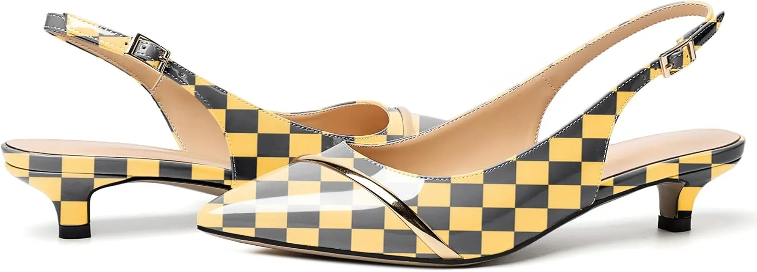 Zamikoo Women Slingback Pumps Kitten Heels Pointed Toe 1.5 Inches Retro Instep Gold Strap Patent Classic Dress Shoes US Size 5- Size 13