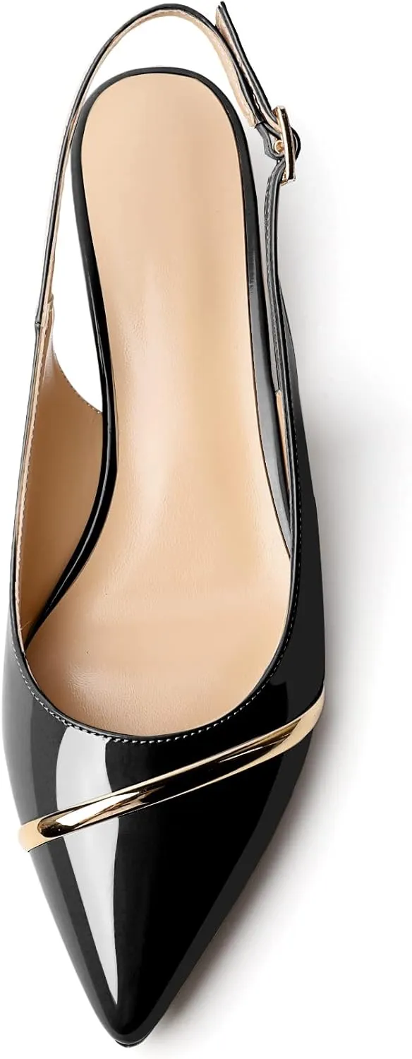 Zamikoo Women Slingback Pumps Kitten Heels Pointed Toe 1.5 Inches Retro Instep Gold Strap Patent Classic Dress Shoes US Size 5- Size 13