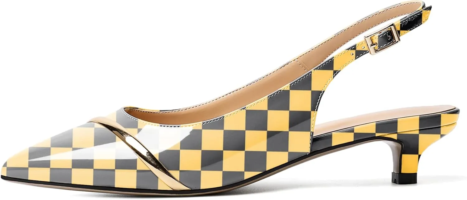 Zamikoo Women Slingback Pumps Kitten Heels Pointed Toe 1.5 Inches Retro Instep Gold Strap Patent Classic Dress Shoes US Size 5- Size 13