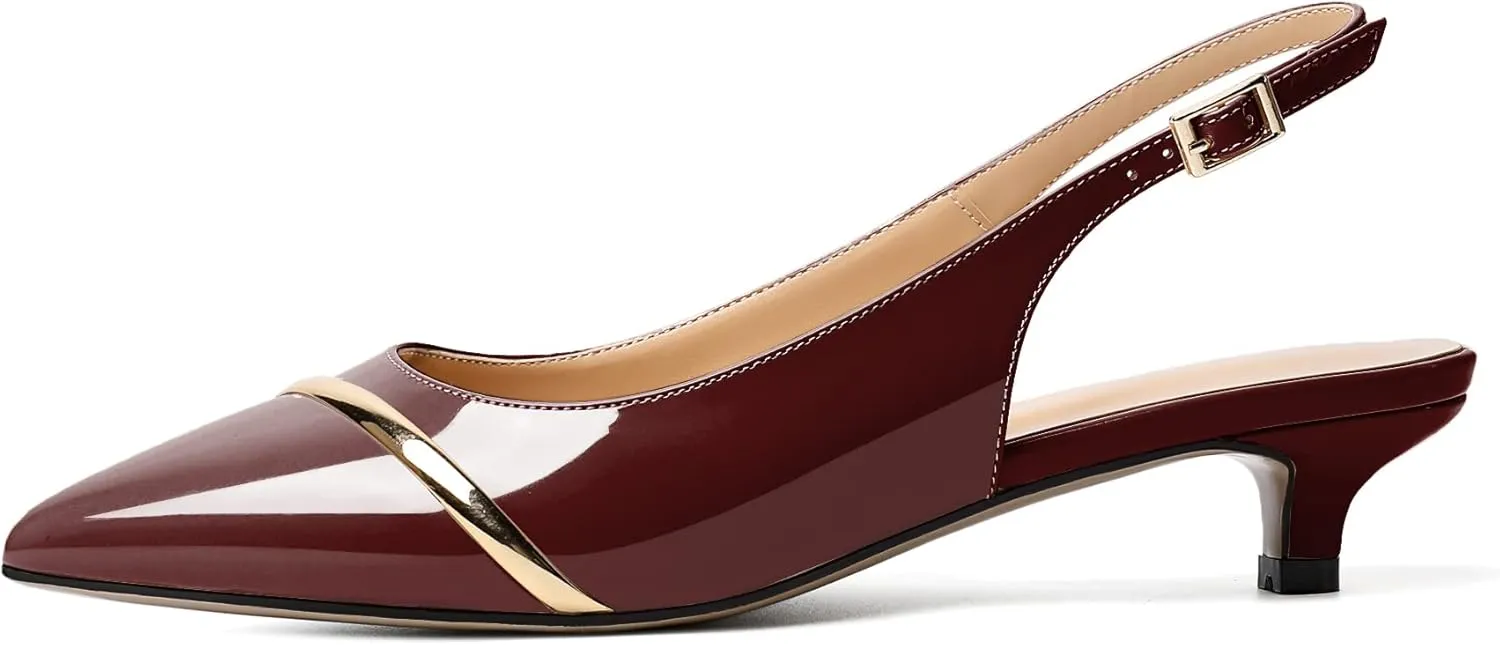 Zamikoo Women Slingback Pumps Kitten Heels Pointed Toe 1.5 Inches Retro Instep Gold Strap Patent Classic Dress Shoes US Size 5- Size 13