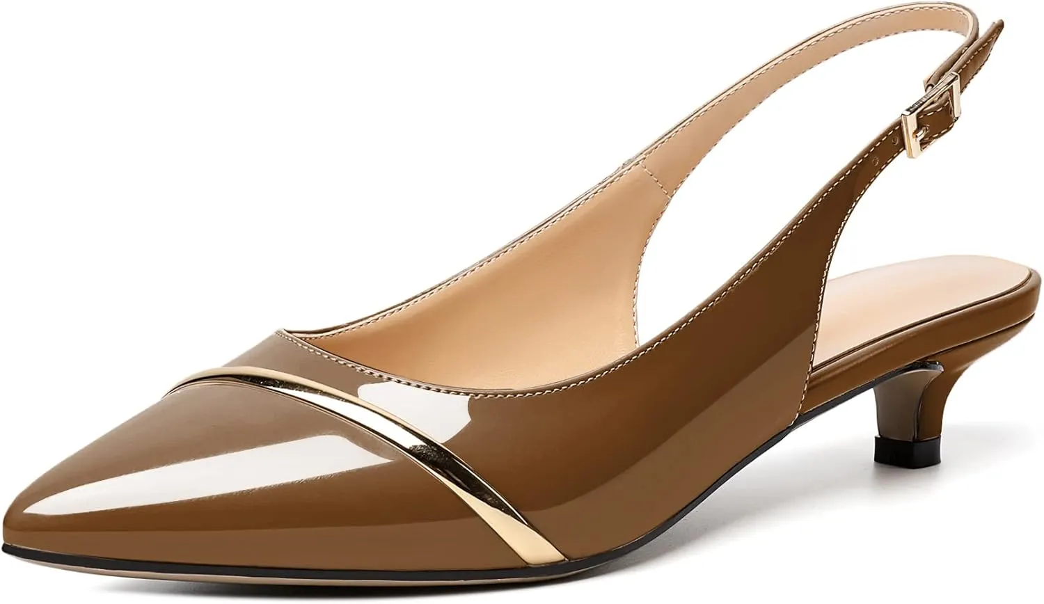 Zamikoo Women Slingback Pumps Kitten Heels Pointed Toe 1.5 Inches Retro Instep Gold Strap Patent Classic Dress Shoes US Size 5- Size 13