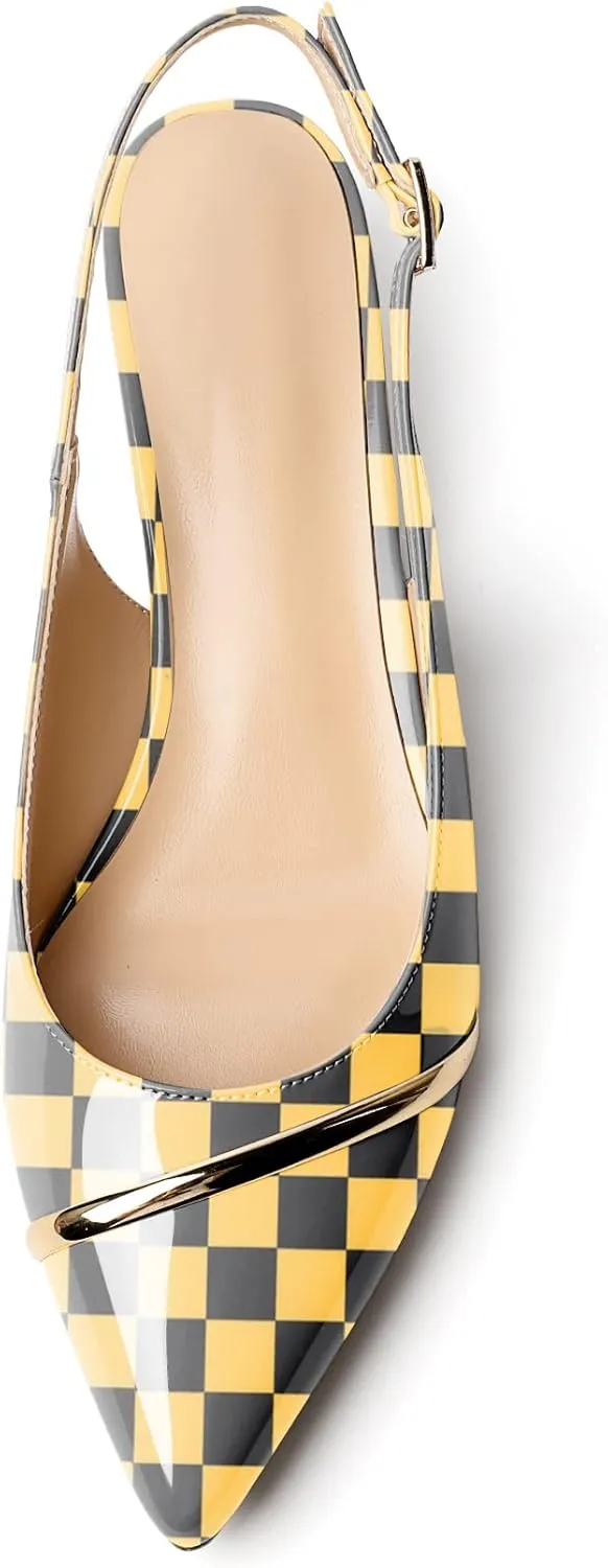 Zamikoo Women Slingback Pumps Kitten Heels Pointed Toe 1.5 Inches Retro Instep Gold Strap Patent Classic Dress Shoes US Size 5- Size 13