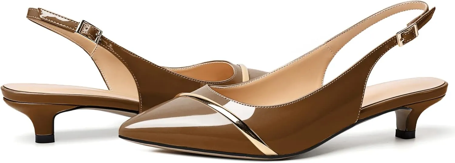 Zamikoo Women Slingback Pumps Kitten Heels Pointed Toe 1.5 Inches Retro Instep Gold Strap Patent Classic Dress Shoes US Size 5- Size 13
