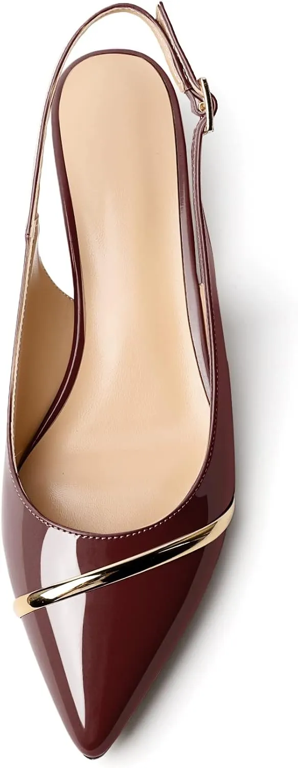 Zamikoo Women Slingback Pumps Kitten Heels Pointed Toe 1.5 Inches Retro Instep Gold Strap Patent Classic Dress Shoes US Size 5- Size 13