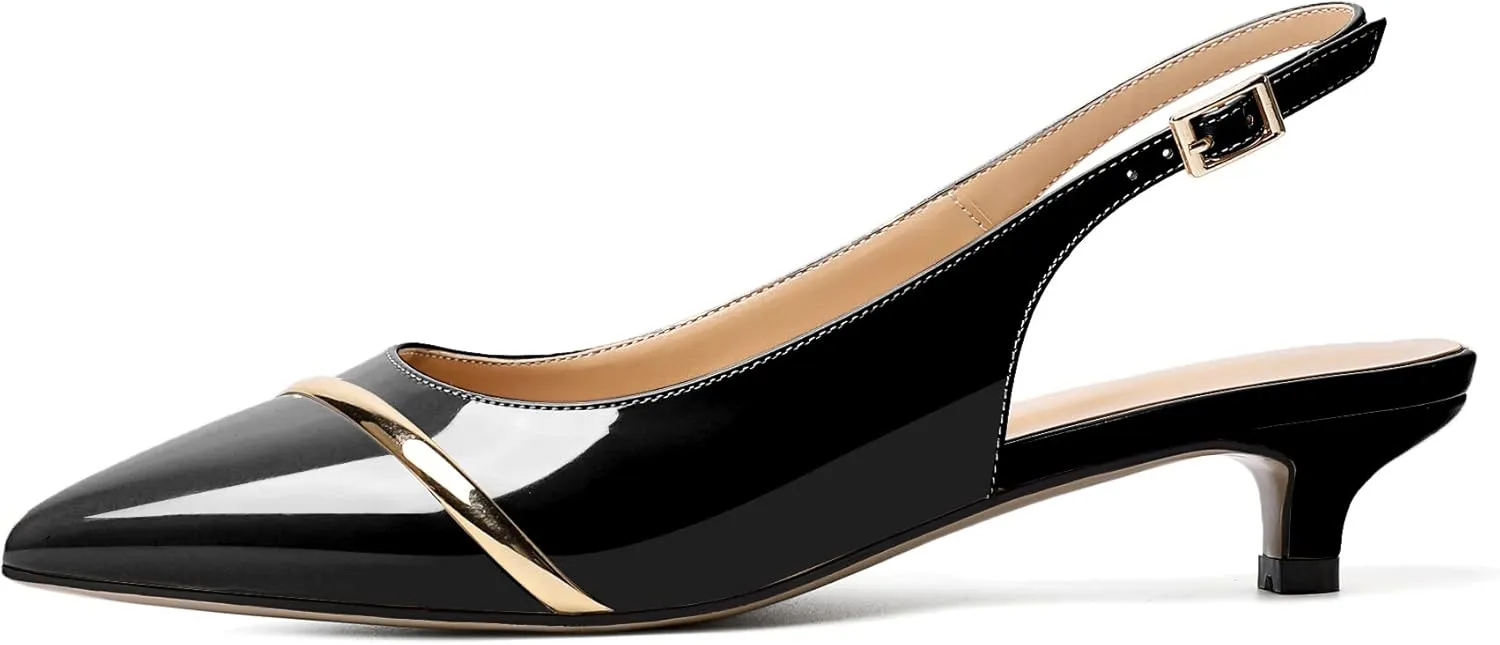 Zamikoo Women Slingback Pumps Kitten Heels Pointed Toe 1.5 Inches Retro Instep Gold Strap Patent Classic Dress Shoes US Size 5- Size 13