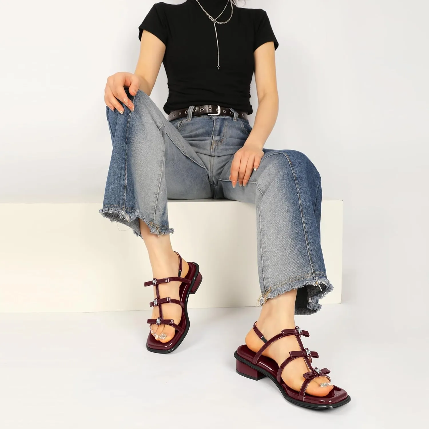 Zamikoo Womens Chunky Block Low Heel Sandals Square Toe Heels Strappy Summer Heeled Sandals Elastic Rhinestone Bow Sandals Cute Casual Dress Shoes 1.2 Inch