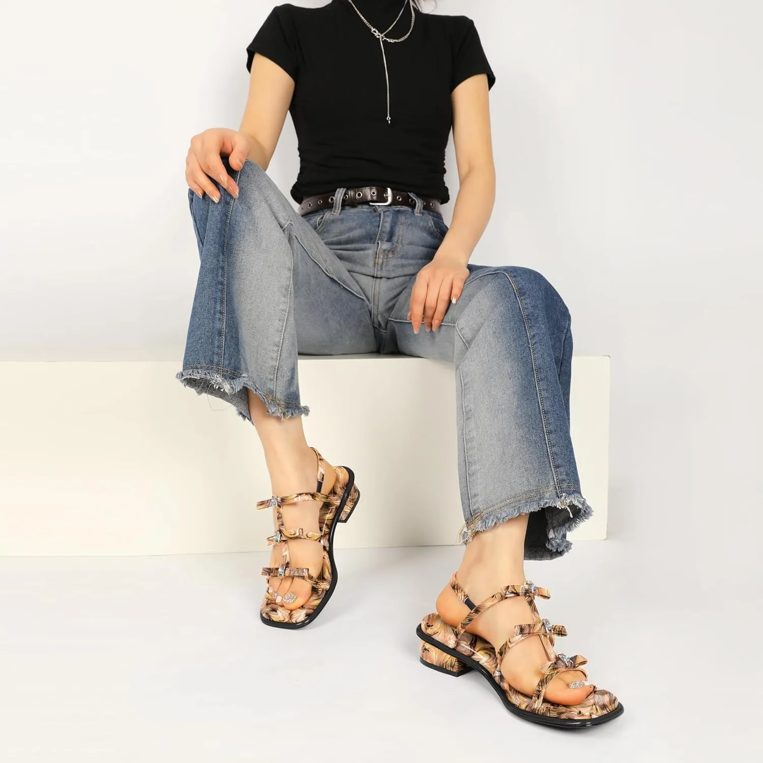 Zamikoo Womens Chunky Block Low Heel Sandals Square Toe Heels Strappy Summer Heeled Sandals Elastic Rhinestone Bow Sandals Cute Casual Dress Shoes 1.2 Inch