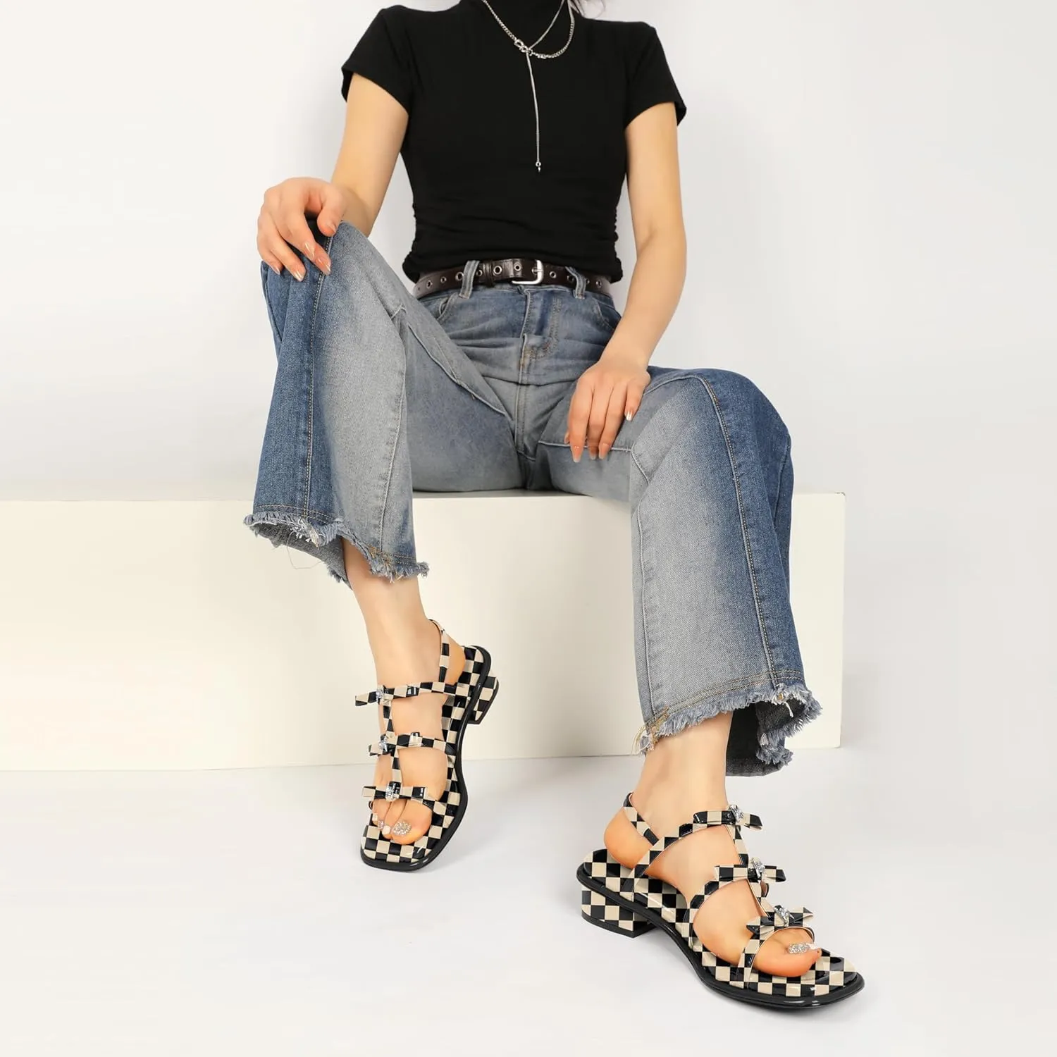 Zamikoo Womens Chunky Block Low Heel Sandals Square Toe Heels Strappy Summer Heeled Sandals Elastic Rhinestone Bow Sandals Cute Casual Dress Shoes 1.2 Inch