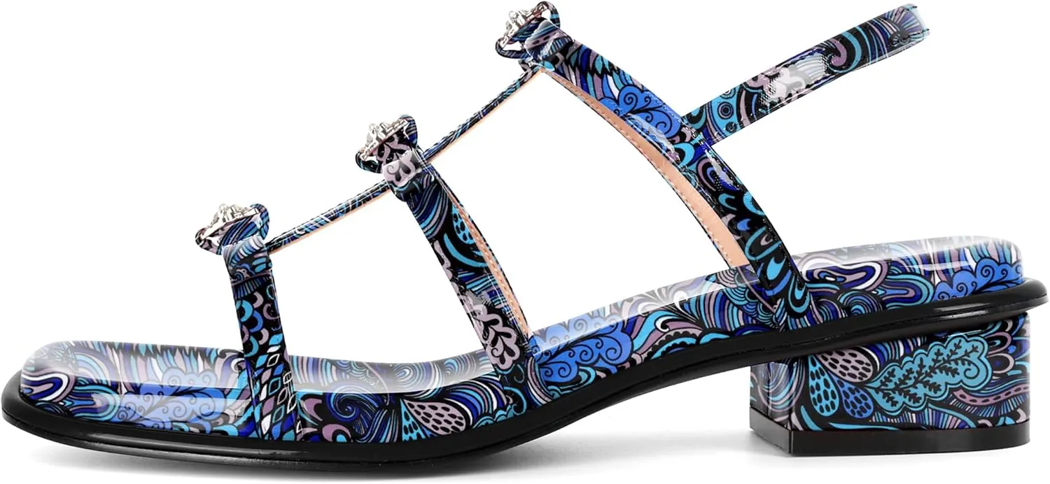 Zamikoo Womens Chunky Block Low Heel Sandals Square Toe Heels Strappy Summer Heeled Sandals Elastic Rhinestone Bow Sandals Cute Casual Dress Shoes 1.2 Inch