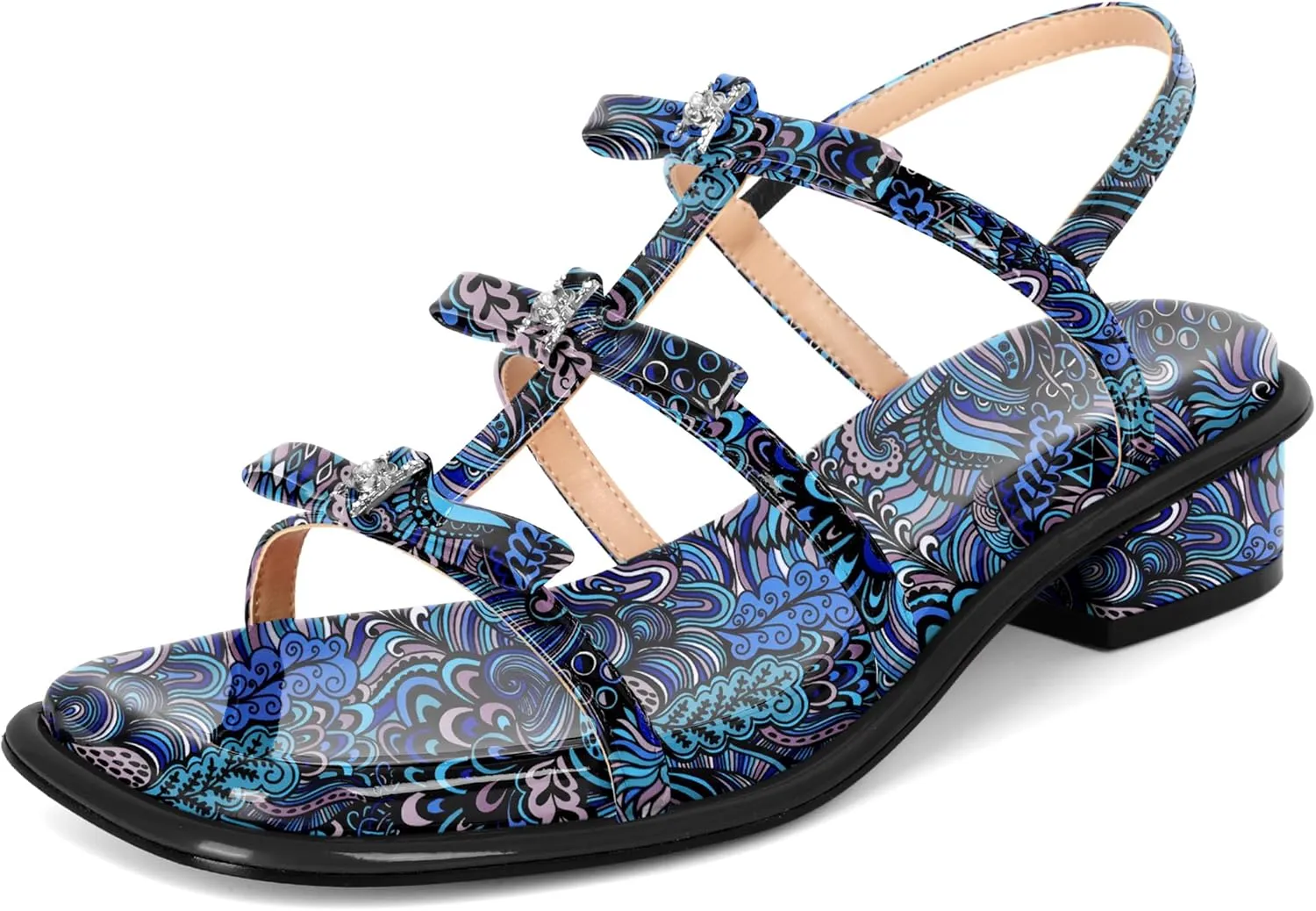 Zamikoo Womens Chunky Block Low Heel Sandals Square Toe Heels Strappy Summer Heeled Sandals Elastic Rhinestone Bow Sandals Cute Casual Dress Shoes 1.2 Inch