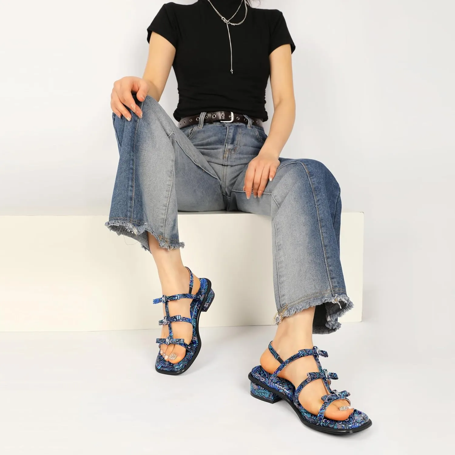 Zamikoo Womens Chunky Block Low Heel Sandals Square Toe Heels Strappy Summer Heeled Sandals Elastic Rhinestone Bow Sandals Cute Casual Dress Shoes 1.2 Inch