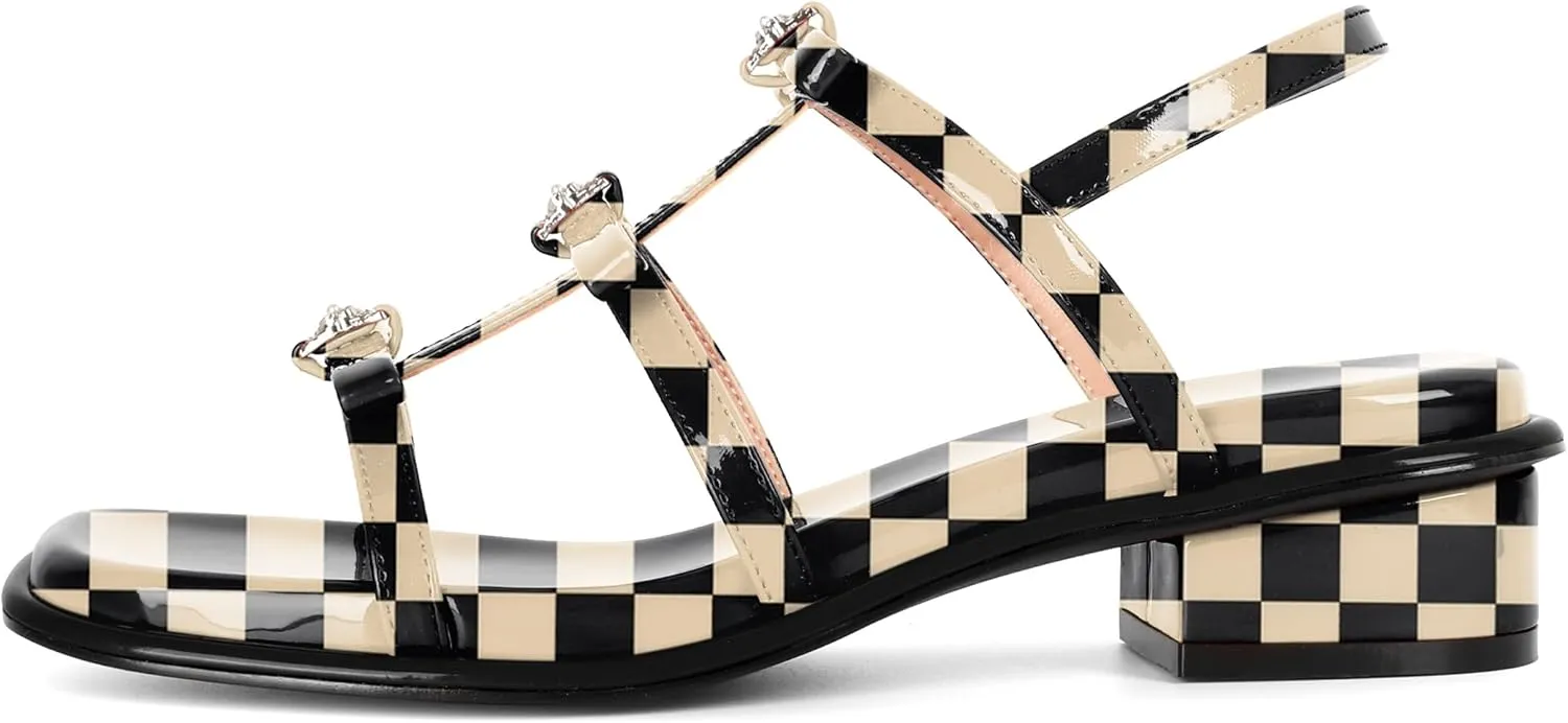 Zamikoo Womens Chunky Block Low Heel Sandals Square Toe Heels Strappy Summer Heeled Sandals Elastic Rhinestone Bow Sandals Cute Casual Dress Shoes 1.2 Inch