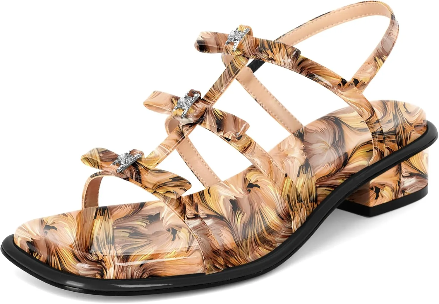 Zamikoo Womens Chunky Block Low Heel Sandals Square Toe Heels Strappy Summer Heeled Sandals Elastic Rhinestone Bow Sandals Cute Casual Dress Shoes 1.2 Inch