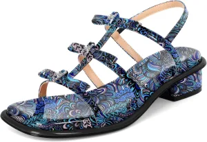 Zamikoo Womens Chunky Block Low Heel Sandals Square Toe Heels Strappy Summer Heeled Sandals Elastic Rhinestone Bow Sandals Cute Casual Dress Shoes 1.2 Inch