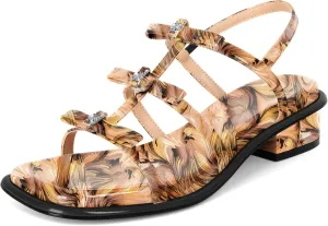 Zamikoo Womens Chunky Block Low Heel Sandals Square Toe Heels Strappy Summer Heeled Sandals Elastic Rhinestone Bow Sandals Cute Casual Dress Shoes 1.2 Inch