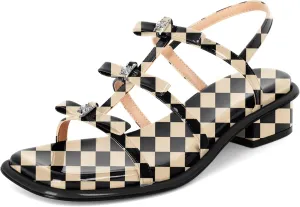 Zamikoo Womens Chunky Block Low Heel Sandals Square Toe Heels Strappy Summer Heeled Sandals Elastic Rhinestone Bow Sandals Cute Casual Dress Shoes 1.2 Inch