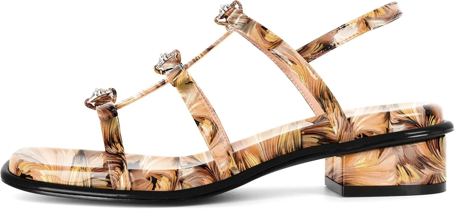 Zamikoo Womens Chunky Block Low Heel Sandals Square Toe Heels Strappy Summer Heeled Sandals Elastic Rhinestone Bow Sandals Cute Casual Dress Shoes 1.2 Inch
