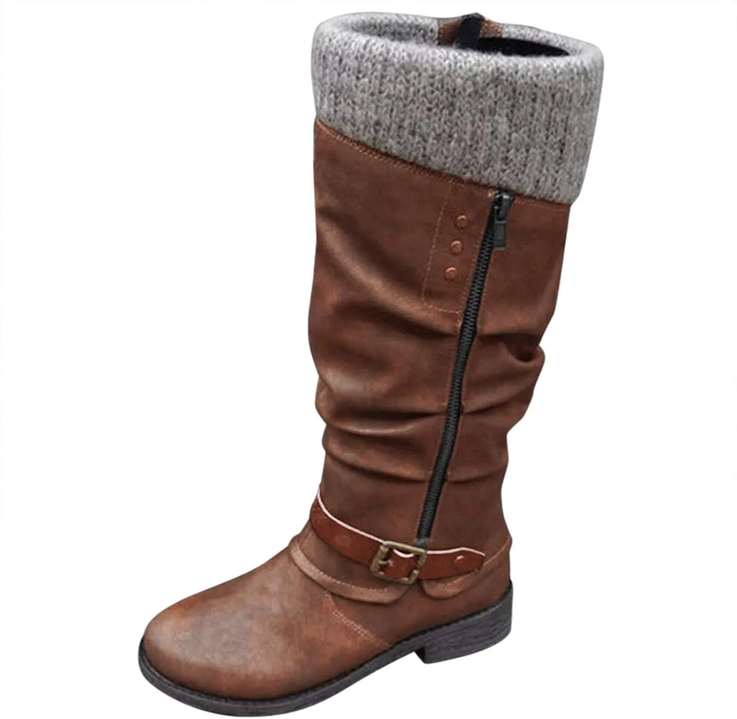 ZBYY Women's Knee High Boot,Winter Warm Side Zipper Knee High Riding Boots Low Heel Buckle Mid Calf Fashion Boots