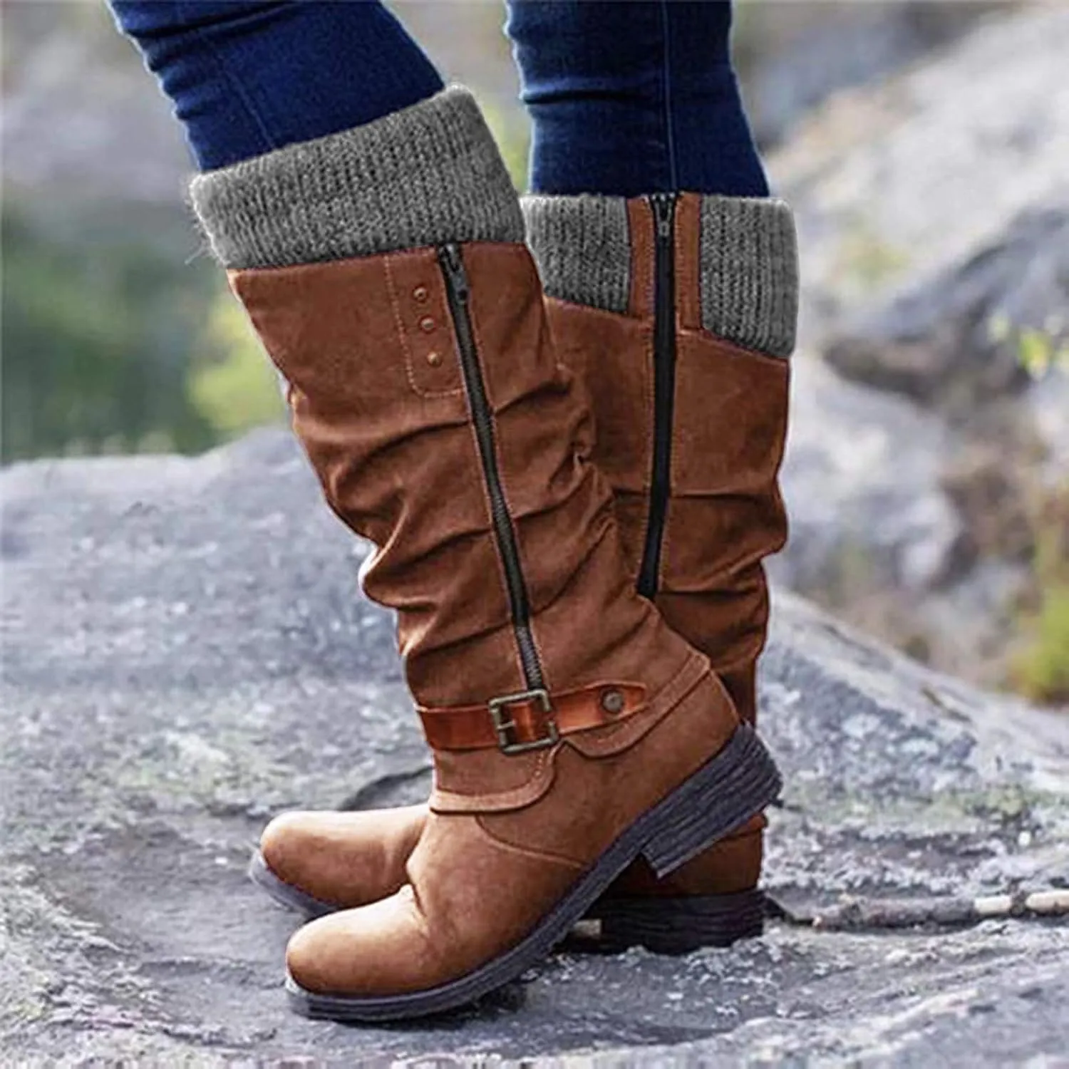 ZBYY Women's Knee High Boot,Winter Warm Side Zipper Knee High Riding Boots Low Heel Buckle Mid Calf Fashion Boots