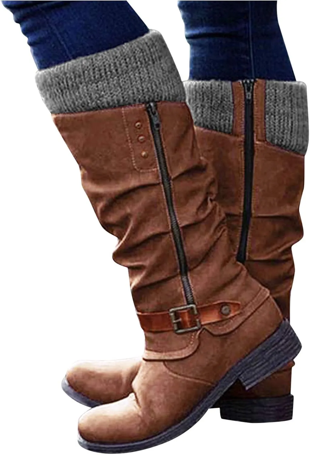 ZBYY Women's Knee High Boot,Winter Warm Side Zipper Knee High Riding Boots Low Heel Buckle Mid Calf Fashion Boots