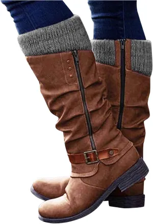 ZBYY Women's Knee High Boot,Winter Warm Side Zipper Knee High Riding Boots Low Heel Buckle Mid Calf Fashion Boots