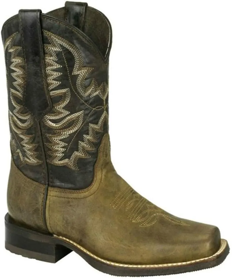 ZBYY Women's Wide Calf Western Cowboy Boots Square Toe Leather Boots Embroidered Slip On Low Heeled Mid Calf Boots