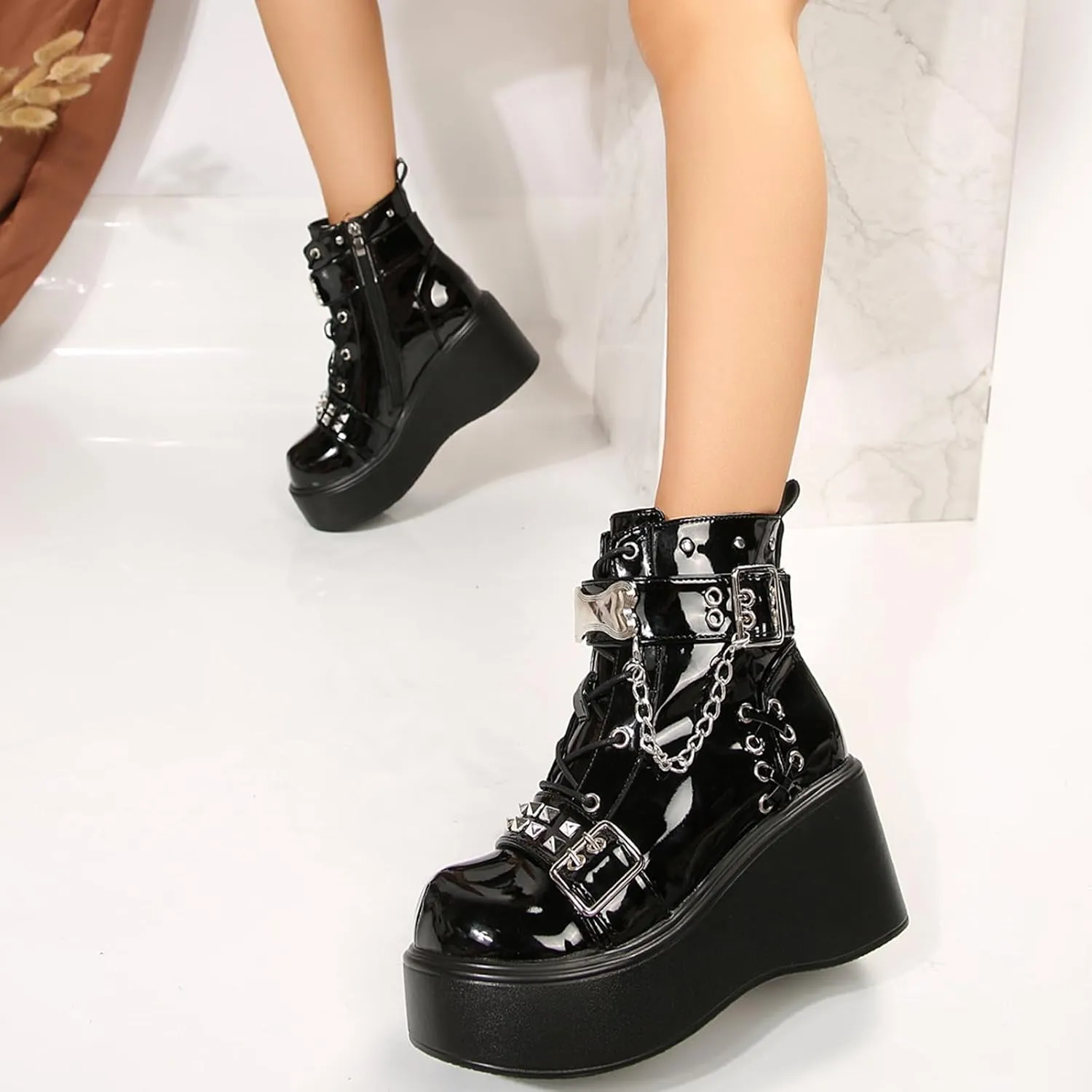 ZKXYFFS Platform Ankle Boots for Womens Chunky High Heel Buckle Round Toe Combat Boots Zip & Lace Up Punk Short Booties Studded Motorcycle Wedges Boots