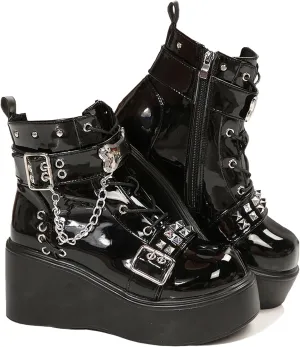 ZKXYFFS Platform Ankle Boots for Womens Chunky High Heel Buckle Round Toe Combat Boots Zip & Lace Up Punk Short Booties Studded Motorcycle Wedges Boots