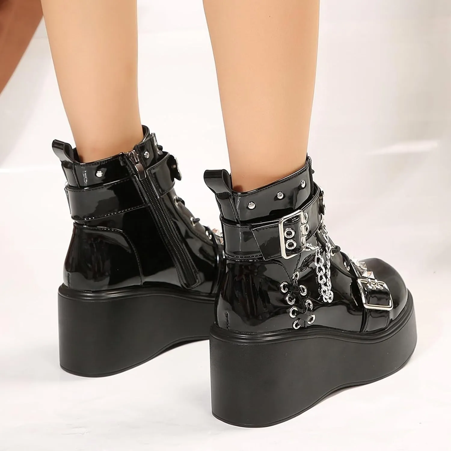 ZKXYFFS Platform Ankle Boots for Womens Chunky High Heel Buckle Round Toe Combat Boots Zip & Lace Up Punk Short Booties Studded Motorcycle Wedges Boots