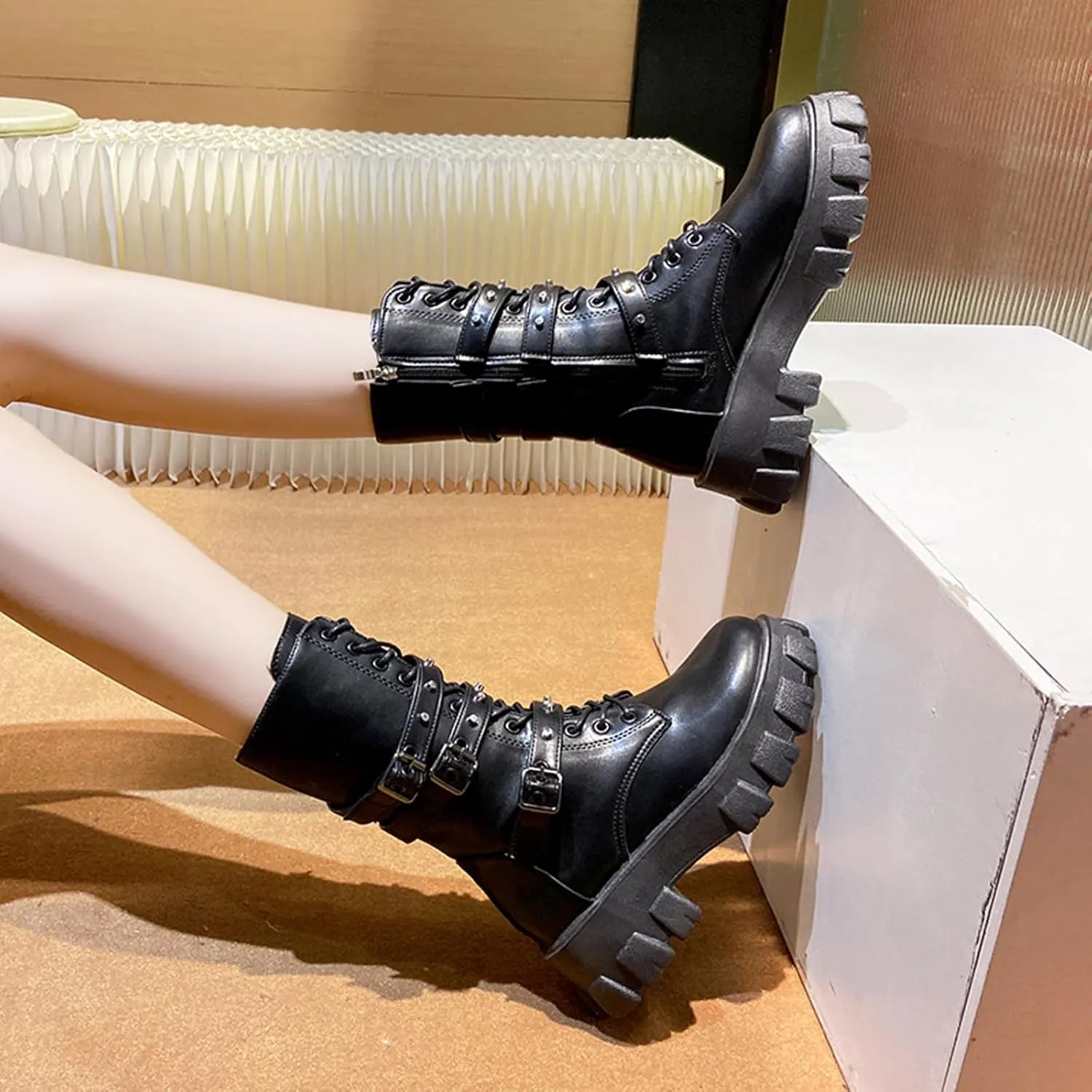 ZKXYFFS Womens Goth Buckle Booties Chunky High Heel Mid Calf Boots Side Zip Combat Boots Lace Up Punk Rivet Boots Motorcycle Platform Boots for Women