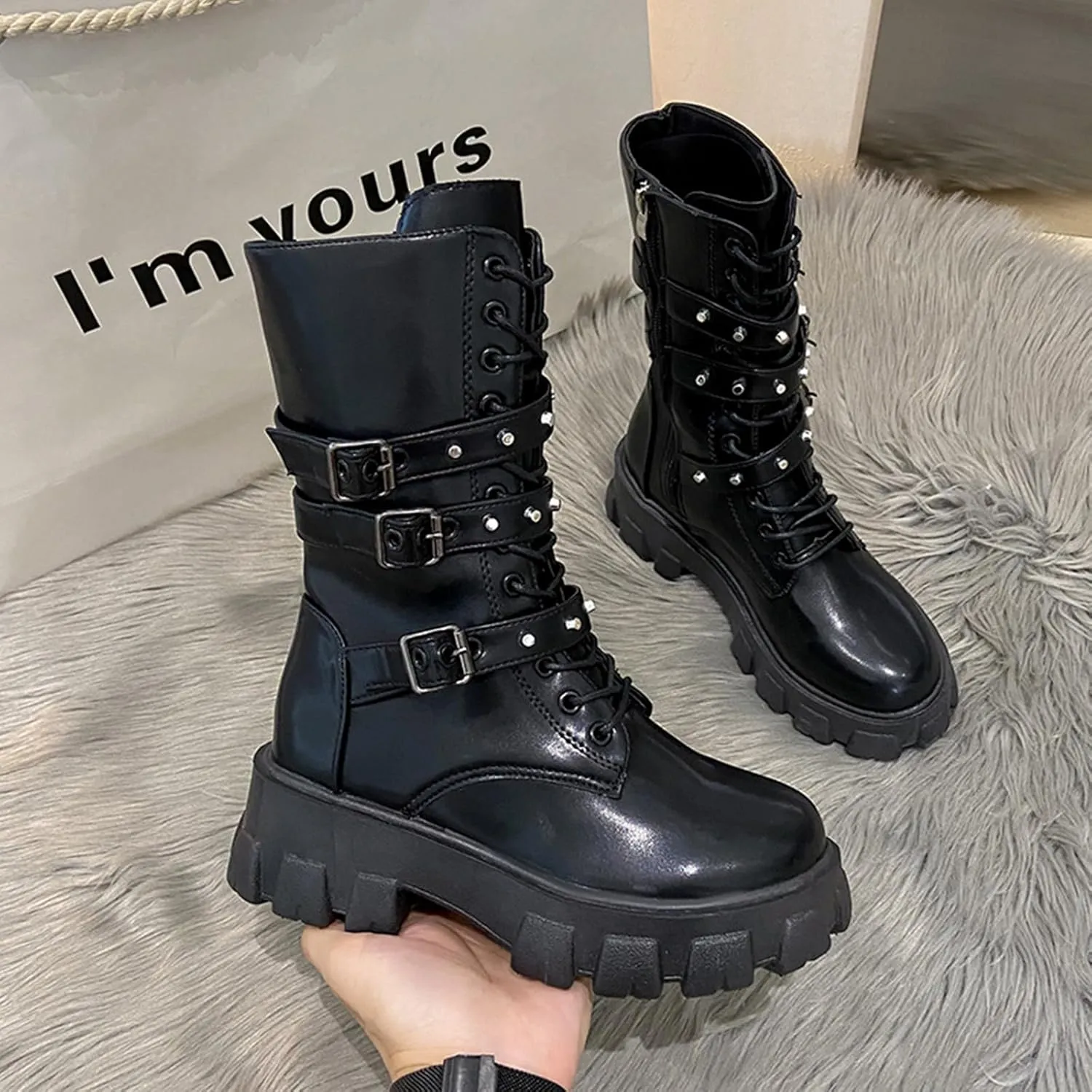 ZKXYFFS Womens Goth Buckle Booties Chunky High Heel Mid Calf Boots Side Zip Combat Boots Lace Up Punk Rivet Boots Motorcycle Platform Boots for Women