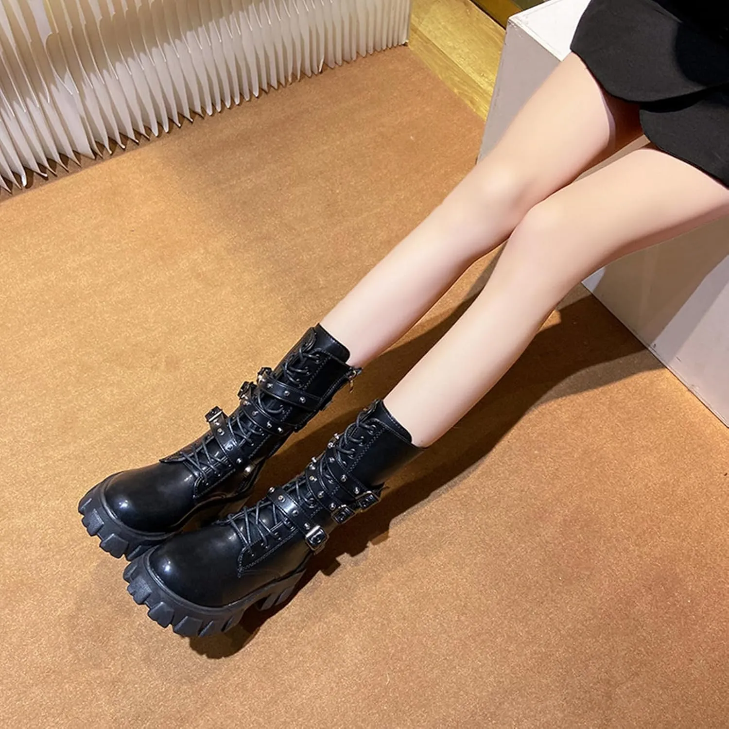 ZKXYFFS Womens Goth Buckle Booties Chunky High Heel Mid Calf Boots Side Zip Combat Boots Lace Up Punk Rivet Boots Motorcycle Platform Boots for Women