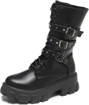 ZKXYFFS Womens Goth Buckle Booties Chunky High Heel Mid Calf Boots Side Zip Combat Boots Lace Up Punk Rivet Boots Motorcycle Platform Boots for Women