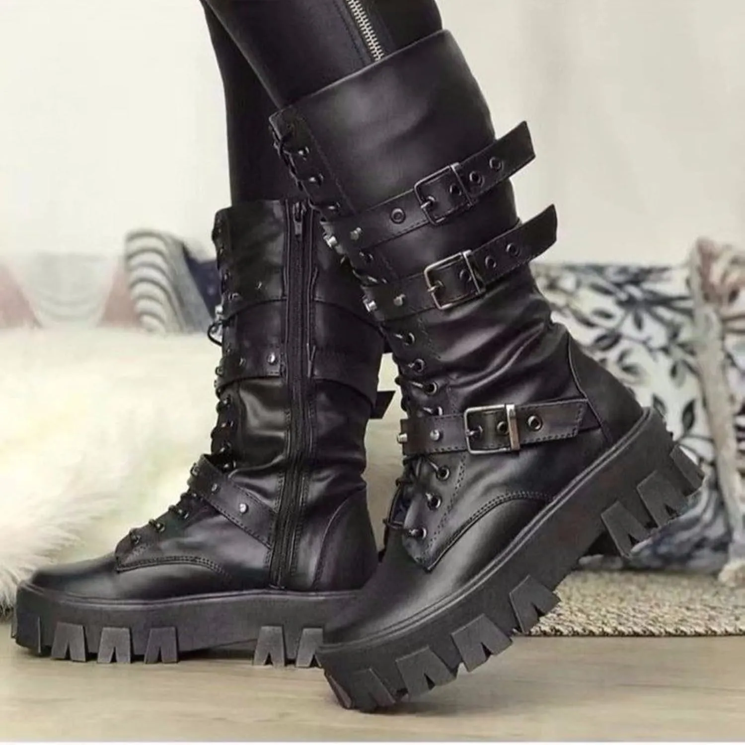 ZKXYFFS Womens Goth Buckle Booties Chunky High Heel Mid Calf Boots Side Zip Combat Boots Lace Up Punk Rivet Boots Motorcycle Platform Boots for Women