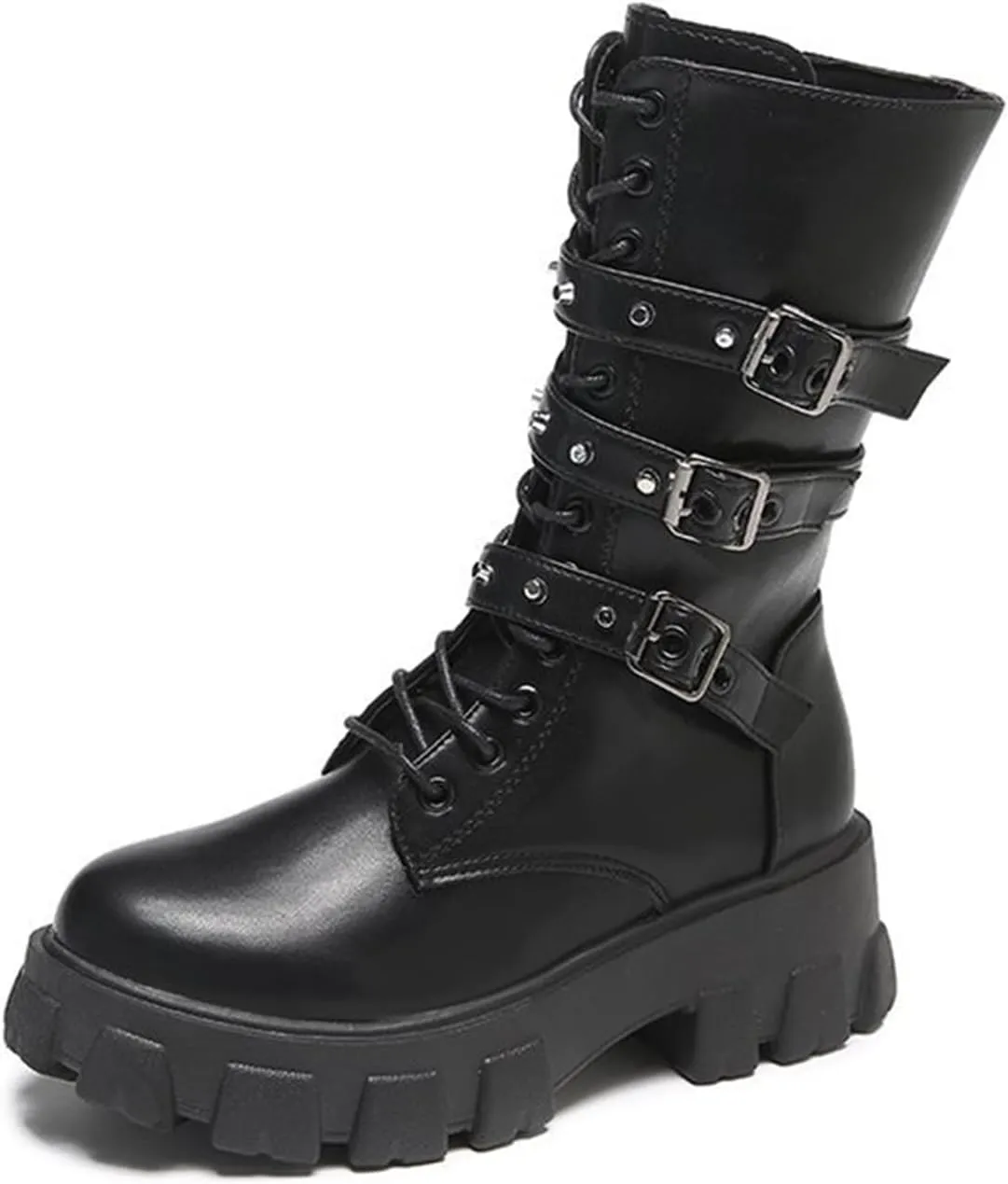 ZKXYFFS Womens Goth Buckle Booties Chunky High Heel Mid Calf Boots Side Zip Combat Boots Lace Up Punk Rivet Boots Motorcycle Platform Boots for Women