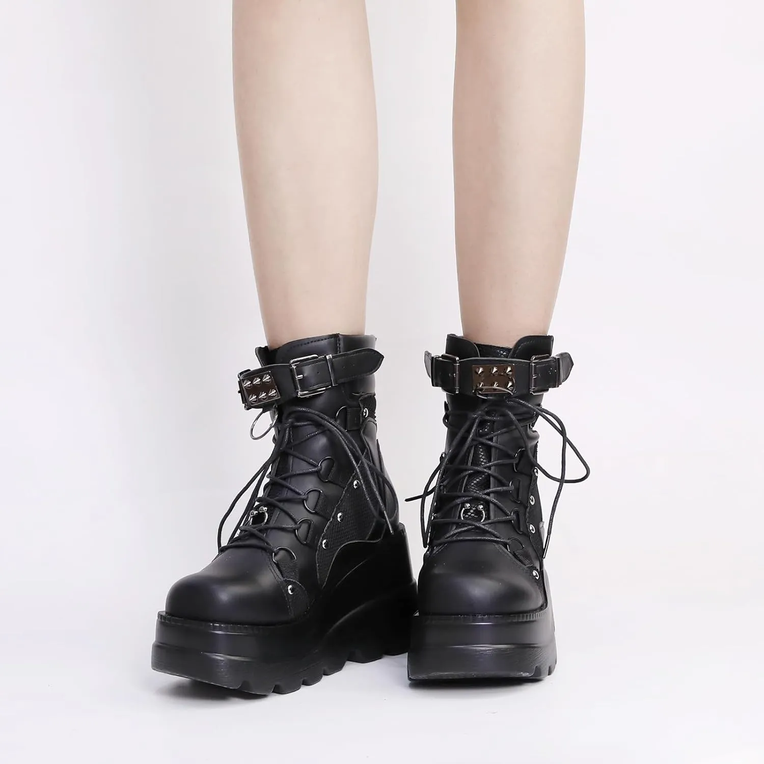 ZKXYFFS Womens Goth Platform Ankle Boots Chunky High Heel Buckle Combat Boots Punk Short Booties Studded Motorcycle Boots