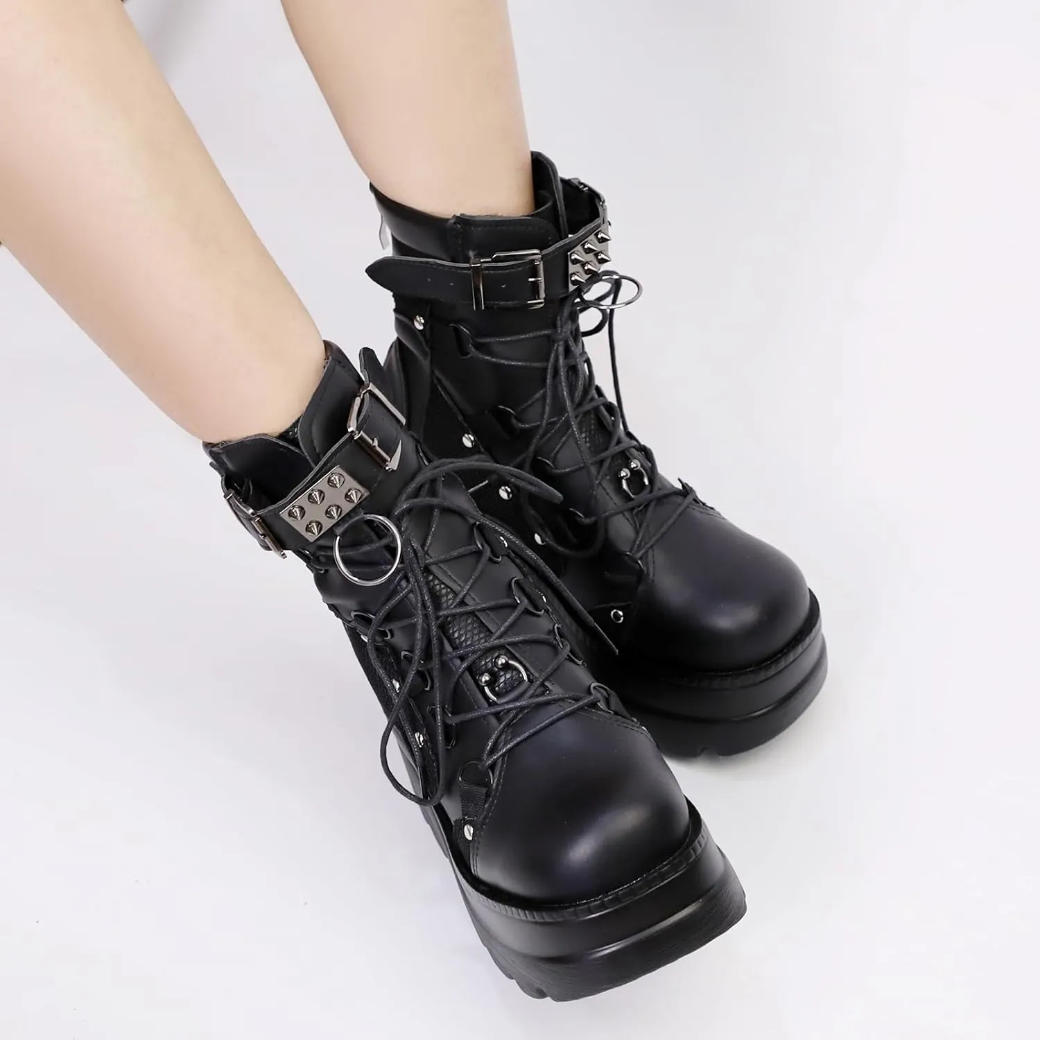 ZKXYFFS Womens Goth Platform Ankle Boots Chunky High Heel Buckle Combat Boots Punk Short Booties Studded Motorcycle Boots