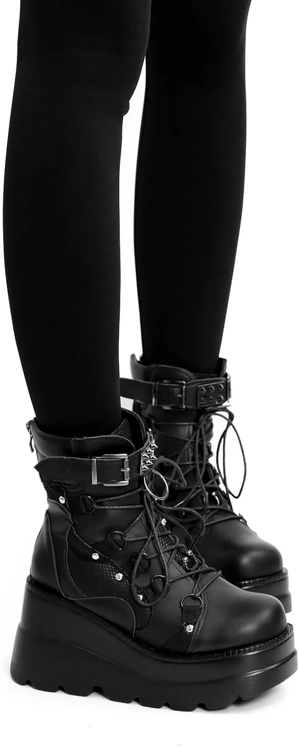 ZKXYFFS Womens Goth Platform Ankle Boots Chunky High Heel Buckle Combat Boots Punk Short Booties Studded Motorcycle Boots