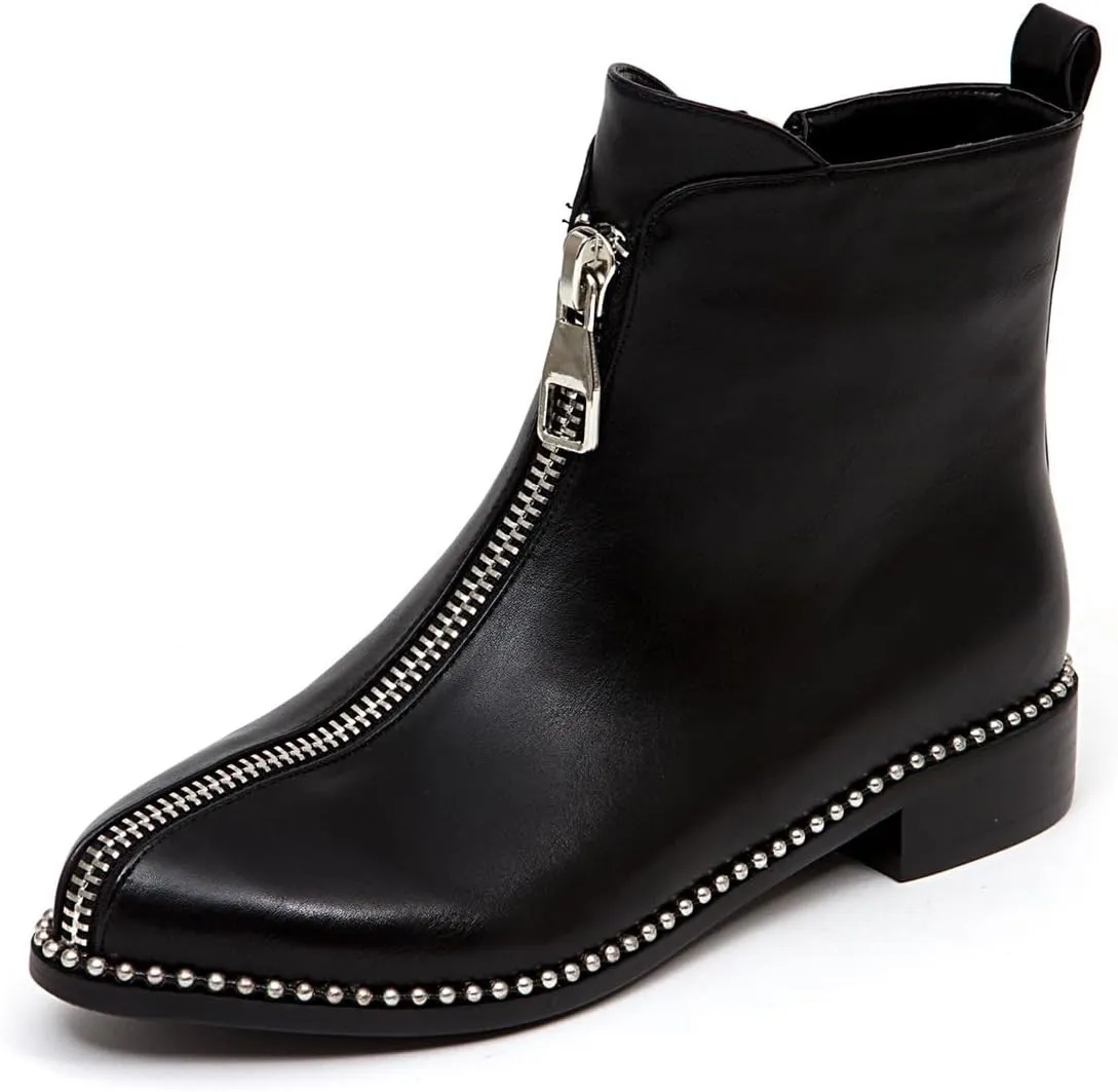 Zszszsu Women's Chic Studded Ankle Boots Chunky Low Heels Fashion Zip Up Boots Daily Outfit Fall Winter Booties Shoes Size 4-16 US