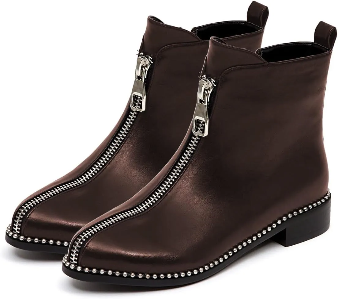Zszszsu Women's Chic Studded Ankle Boots Chunky Low Heels Fashion Zip Up Boots Daily Outfit Fall Winter Booties Shoes Size 4-16 US