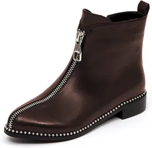 Zszszsu Women's Chic Studded Ankle Boots Chunky Low Heels Fashion Zip Up Boots Daily Outfit Fall Winter Booties Shoes Size 4-16 US