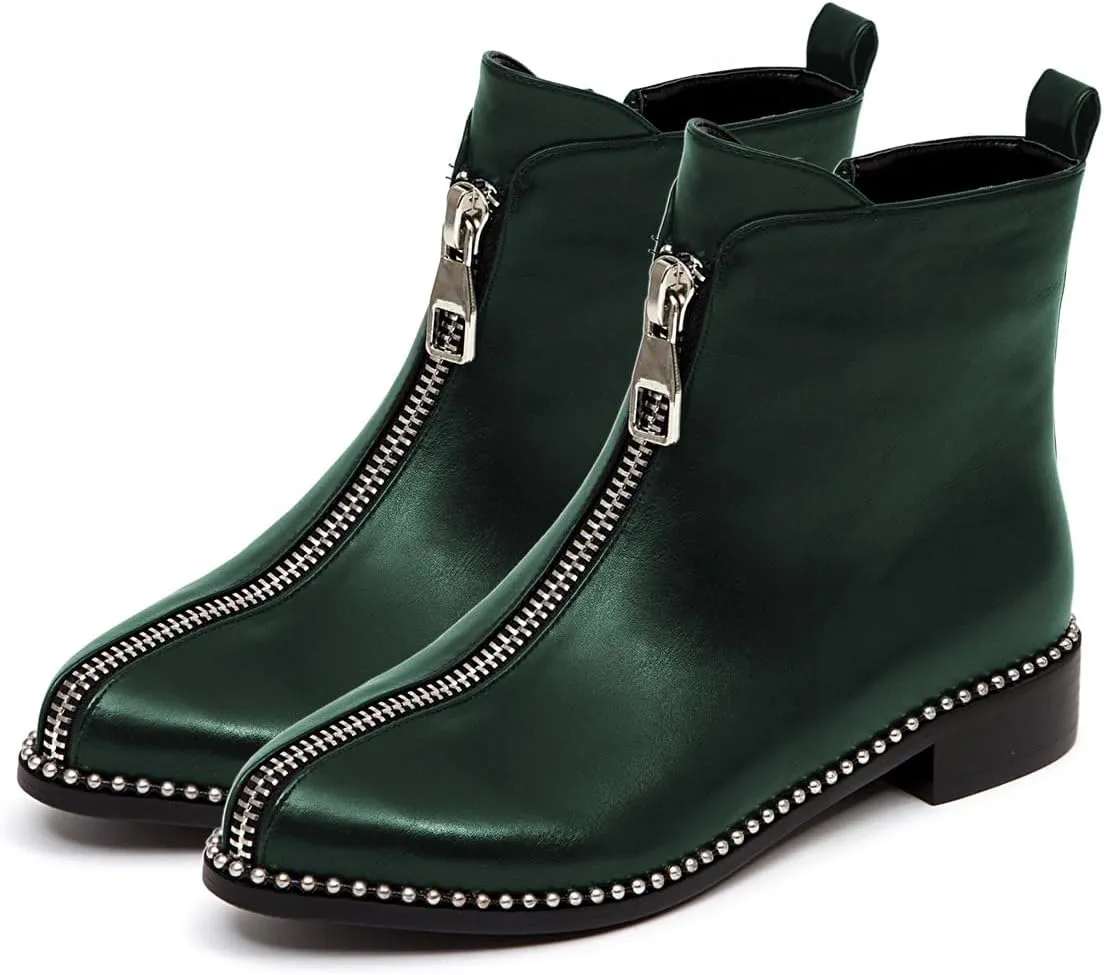 Zszszsu Women's Chic Studded Ankle Boots Chunky Low Heels Fashion Zip Up Boots Daily Outfit Fall Winter Booties Shoes Size 4-16 US