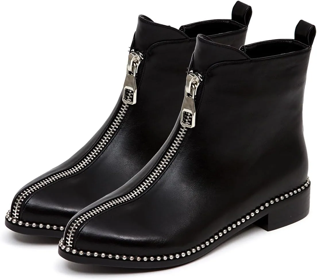 Zszszsu Women's Chic Studded Ankle Boots Chunky Low Heels Fashion Zip Up Boots Daily Outfit Fall Winter Booties Shoes Size 4-16 US